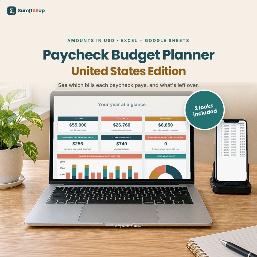 Paycheck Budget Planner shown on a laptop